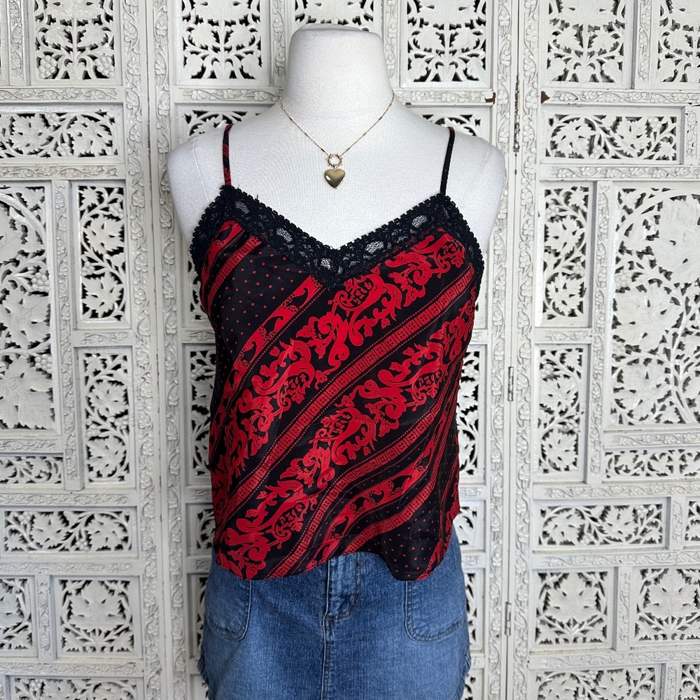 Vintage Victorias Secret Gold Label Black & Red Lace Sleepwear Tank Top Sz Small